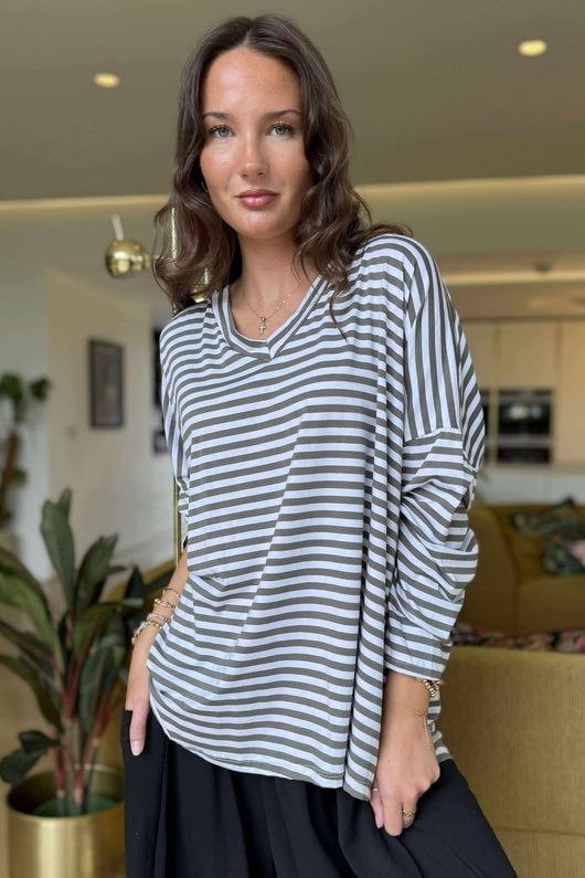  Perfect Breton V Long Sleeve Top Khaki - 